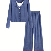 Resim Kadınlar için Yuvarlak Yaka Fitilli Suni İki Parça Günlük Pijama Takımı, Şık Ev Giyim ve Uyku Giyimi. 