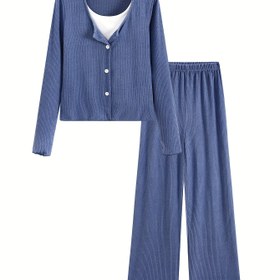 Resim Kadınlar için Yuvarlak Yaka Fitilli Suni İki Parça Günlük Pijama Takımı, Şık Ev Giyim ve Uyku Giyimi. 