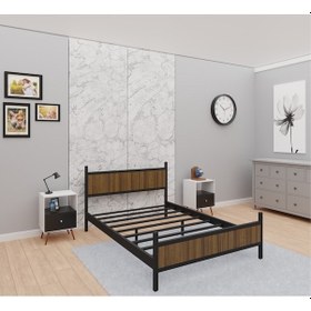 Resim Gm 305 Modern Çift Kişilik Ahşap Metal Siyah Ceviz Karyola 150x200 