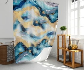 Resim Banyo Perdesi 1x180x200 Tek Kanat Duş Perdesi Halka Hediyeli Duşakabin Perdesi Colour Marble 