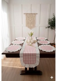 Resim Fırfırlı Ekoseli 1 Runner 6 Amerikan Servisi Supla Takımı - 7 Parça Çeyiz Seti -FIRFIRLI-PEMBE-SUPLA 