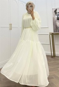 Resim Neşeli Butik kadın beyaz balon kol astarlı kuşak detaylı şifon tesettür elbise ---- NMS095 