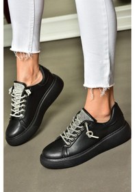 Resim Fox Shoes P602001709 Siyah Taşlı Bağcıklı Kadın Spor Ayakkabı Sneakers Siyah-suni Deri 