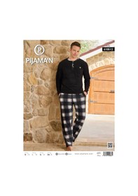 Resim Pijamoni Erkek Düğme Yaka Kışlık Polar Pijama Takımı 6100/12 - 1 Adet Siyah 