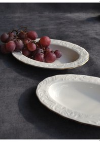 Resim 2'li Gold Yaldızlı Porselen Kayık Tabak 12x19 Cm Sunum Tabağı Orta Boy Beyaz 