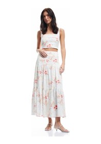 Resim Koton Bol Kalıp Astarlı Keten Karışımlı Uzun Çiçekli Kloş Etek Mavi Desenli 5sak70196ew Mavi Desenli Mavi 