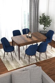 Resim Canisa Kor Serisi 70x114 Açılabilir Mutfak Masası Takımı Barok Desen Masa 6 Lacivert Sandalye 
