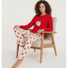 Resim Luxury Thermal Coffee Lover Kadın Kışlık Uzun Kollu Polar Pijama Takımı 42048 Kırmızı 