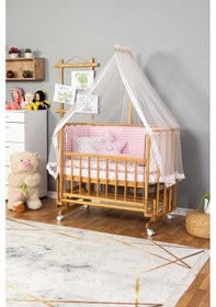 Resim Ahşap Beşik Anne Yanı Beşik Doğal Vernikli 60x120 Pembe Yıldız Uyku Seti Yatak Tekerlekli Ahşap 