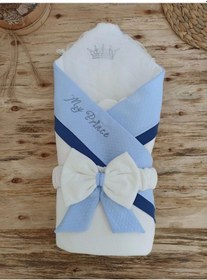 Resim Yenidoğan Bal Peteği My Prince Taç Nakışlı Delüks Kundak Bebek Battaniyesi Mavi 