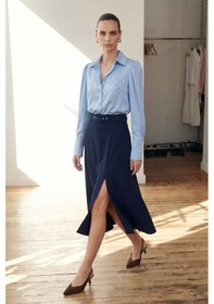 Resim Sateen Kemerli Yırtmaç Detaylı Kloş Etek - Lacivert-137418 
