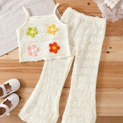 Resim 3D Çiçek Süslemeli Üst ve Geniş Pantolonlu Bebek Kıyafeti Knit Jacquard Kumaş Seti - Gündelik Off-Shoulder Tarzı, Düz Renk, Orta Esneme, Yaz Giysisi, Gündelik Kıyafet|Çiçek Süsleme|Knit Yapı, Bebek Kıyafeti, Dış Mekan Giysisi 