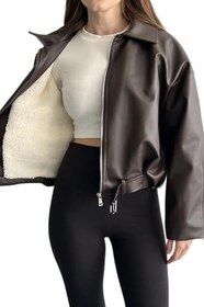 Resim Kadın İçi Kürklü Kemerli Suni Deri Mont - Oversize İçi Peluş Astarlı Premium Biker Ceket 