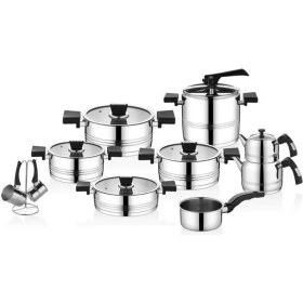 Resim 1119 - 18 Parça - Indüksiyonlu Ocak Uyumlu, Paslanmaz Çelik Çeyiz Seti, Gümüş Gövde, Siyah Detay 