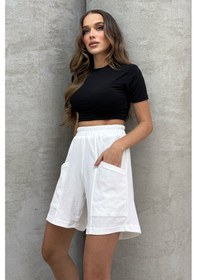 Resim Lesa Wear Yüksel Bel Bol Kesim Keten Görünümlü Çift Cepli Şort Beyaz 