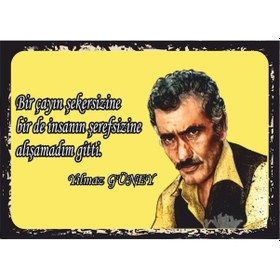 Resim Yılmaz Güney Çay Ve Şeref Sözü Retro Ahşap Tablo Sarı Fonlu Mizahi Sert Tasarım 