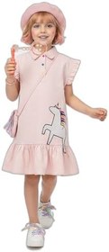 Resim Kız Çocuk Elbise Unicorn Aplikeli%100 Pamuk Gömlek Stil Elbise 4-9 Yaş 