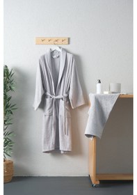 Resim Tuwa Unisex L Beden Pamuklu Tekli Bornoz Seti - Gri 