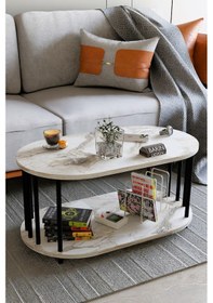Resim Modern Oval Orta Sehpa Çift Katlı Metal Ayaklı Salon, Ofis, Dekoratif Sehpa, Kahve Sehpası Beyaz Mermer 