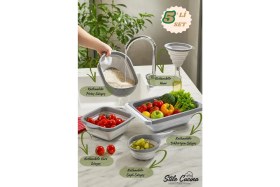 Resim Stile Cucina 5'li Akordiyon Katlanır Süzgeç Seti - Mutfak Çeyiz Seti - (Akordeon Saplı Pirinç Süzgeci Huni Gri) 