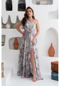 Resim Elbise Sıfon Empırme Desen Uzun Tek Omuz Yeşil 