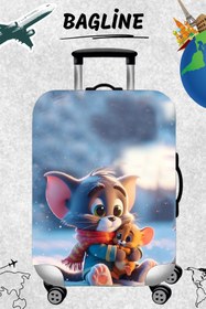 Resim Bagline Likralı Esnek Kumaş Tom ve Jerry Baskılı Dayanıklı Valiz ve Bavul Kılıfı 