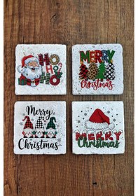Resim Doğal Taş Bardak Altlığı - Merry Christmas Yeni Yıl Baskılı 10x10cm Stone Coasters 486 Çok Renkli 