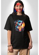 Resim Tatil Köpek Soğuk Kokteyl İçeçek Pamuklu Bisiklet Yaka Unisex Oversize Boyfriend Dijital Baskılı Siyah T-shirt Siyah 