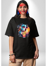 Resim Tatil Köpek Soğuk Kokteyl İçeçek Pamuklu Bisiklet Yaka Unisex Oversize Boyfriend Dijital Baskılı Siyah T-shirt Siyah 