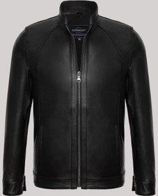 Resim Hakiki Kuzu Derisi Siyah Erkek Deri Mont Düz Slim Fit Hakim Yaka Deri Ceket Siyah 