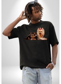 Resim Yorkshire Teacup Ve Anne Köpek Pamuklu Bisiklet Yaka Unisex Oversize Boyfriend Dijital Baskılı Siyah T-shirt Siyah 