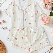 Resim Kadın Pijama Takımı, Kısa Kollu + Şort, Çiçek Desenli İlkbahar/Yaz Ev Giysisi 