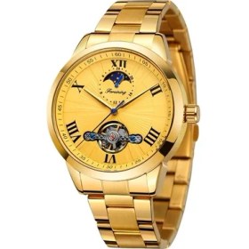 Resim Hanyang Altın Forsınıng Erkek ve Kadın Saatleri Volan Roma Ölçekli Mekanik Saat Dairesel Çelik Kayış Saat Gümüş ve Siyah Saat (Yurt Dışından) 