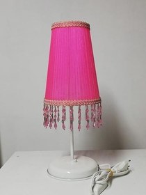 Resim Pembe Boncuklu Yatak Odası Abajuru Beyaz Metal Ayaklı 