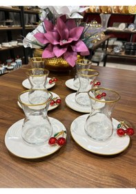Resim Paşabahçe Pandoranın Kutusu Porselen Tabaklı Paşabahçe Bardaklı Kirazlı 6 Kişilik Çay Bardağı Takımı Krem 