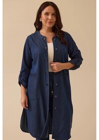 Resim Galaxi Kadın Büyük Beden Cepli Katlanabilir Kollu Jean Tunik 4005 Indigo Indigo 