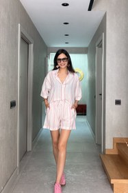 Resim Pembe Çizgili Şort Takım - Pembe / 36 