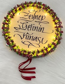 Resim ZEYMERADE Bordo Ledli Şeffaf Gelin Tefi 32cm Cipsolu Saten Kurdele Düğün Kına Nedime Bride Parti Defi 