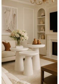 Resim Wood Ahşap Beyaz 3 Lü Set Mantar Yan Sehpa Fiskos / Wooden Coffee Table / Zigon Sehpa Beyaz 