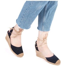 Resim Gerçek Elişi Bilekten Bağcıklı Topuğu Açık Dolgu Topuk Keten Hasır Kadın Espadril Handmade Siyah 