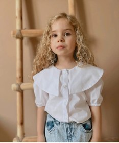 Resim BAV Butik Ayvitrin Kız Çocuk Kısa Kollu Tasarım Şal Yaka Gömlek Beyaz(KUMAŞI DOKUMASİNDA CİZGİLER MEVCUT) 