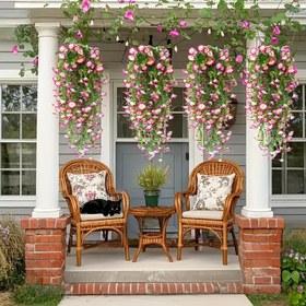 Resim 4 adet Canlı Pembe Yapay Asılı Çiçek Sepetleri, 75.95cm - Lush Bougainvillea ve Eucalyptus Yaprakları, Porçeler, Balkonlar, Bahçeler, Pencereler ve Ev Dekoru için Düşük Bakım Gerektiren Dış Mekan Dekoru - Paskalya, Sevgililer Günü, Anneler Günü ve Daha Fazlası İçin İdeal, Porçeler Dekoru | Canlı Çiçek Düzeni | Yapay Çiçekler 