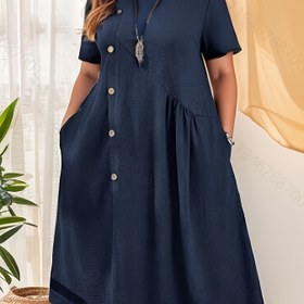 Resim Kadınlar İçin Plus Beden Lacivert Midi Elbise - Cepli, Yuvarlak Yaka Asimetrik Düğmeli Bol Kesim, Esnek Polyester Günlük Şık İlkbahar Yaz Elbisesi Brunch, Alışveriş ve Gezintiler İçin 
