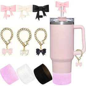 Resim Saplı Bardaklar için 3 parça Silikon Aksesuar Seti - Yeniden Kullanılabilir Fiyonklu Pipet Kılıfları, Koruyucu Alt Kovanlar ve Charm Zincirleri - 40oz/30oz Bardaklar için İdeal - Sevgililer Günü, Kadınlar Günü, Anneler Günü, Şükran Günü, Noel Hediyeleri için Mükemmel 