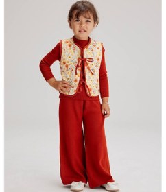 Resim Lolliboomkids Kapitone Yelekli Triko Balıkçı Yaka Body Ve Triko Pantolon 3 Parçalı Alt Üst Takım / Set Kırmızı Renk Kırmızı 