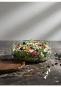 Resim Qerhome Borosilikat Cam Lüks Akasya Kapaklı Cam Kase - Sunumluk-salata Kasesi Dalgalı 22 Cm Şeffaf 