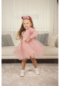 Resim Tüllü Baskısız Düz Üst Kısım Ribana Alt Kısım Astarlı Tütü Etek Kız Çocuk Prenses Uzun Kollu Elbise Uzun-gülkurusu Gülkurusu 