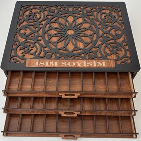 Resim OBLİVİON Tesbih Kutusu Tesbih Çekmecesi Ahşap 3 Katlı Tespih Kutusu ( 10 bölmeli ) 
