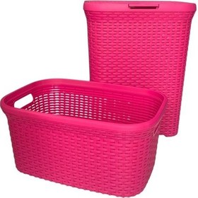 Resim 2'li Set Hasır Desenli Plastik Fusya Çamaşır Sepeti & Fusya Çamaşır Selesi Fuşya 