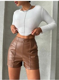 Resim Parçalı Cepli Deri Şort Taba W26312 Taba 